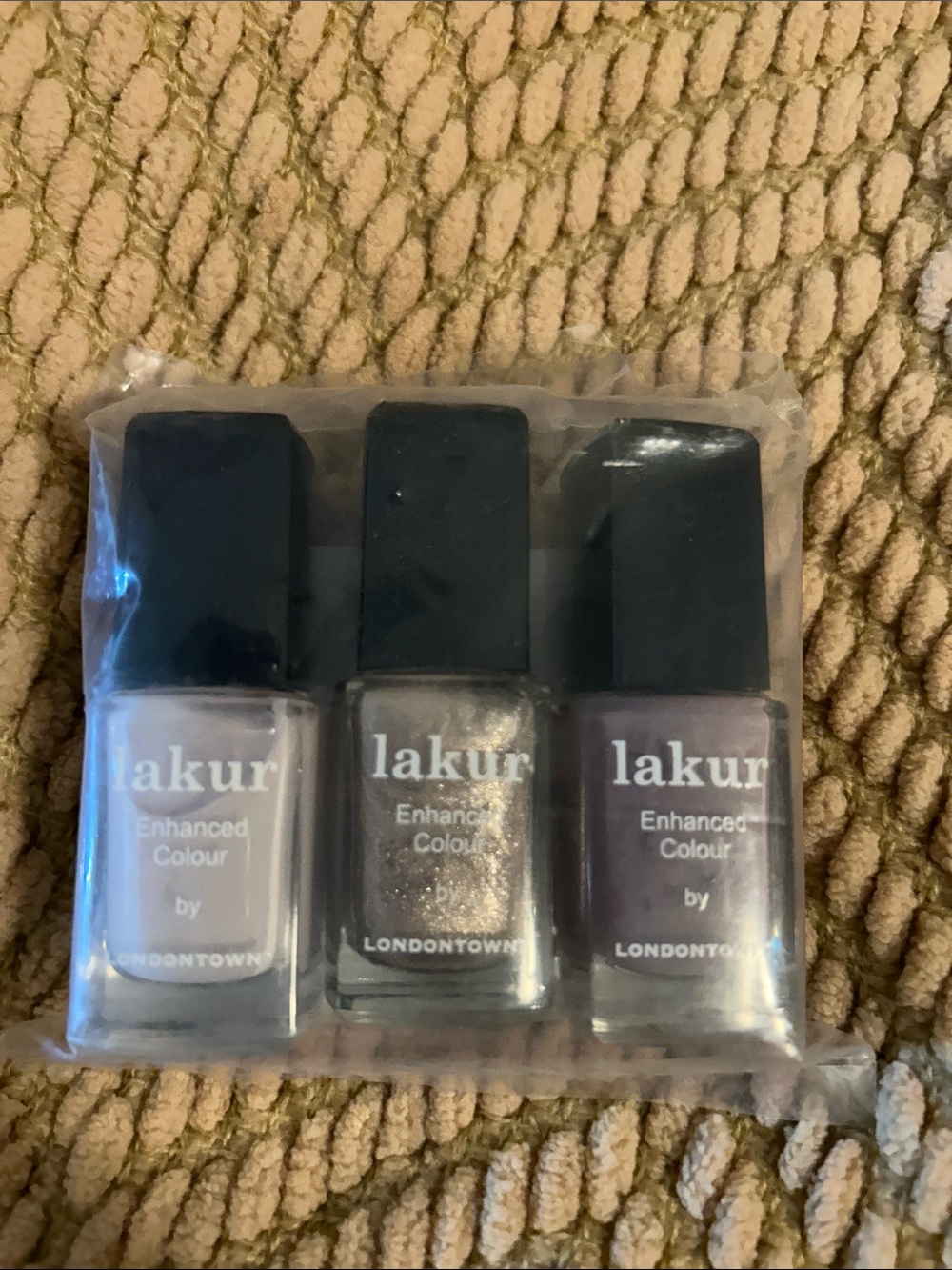 Lakur Enhanced Colour Nail Polish Trio - light purple, dark purple, and shimmer